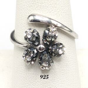 Sterling Silver Flower Ring with Rhinestones, Size 8.25